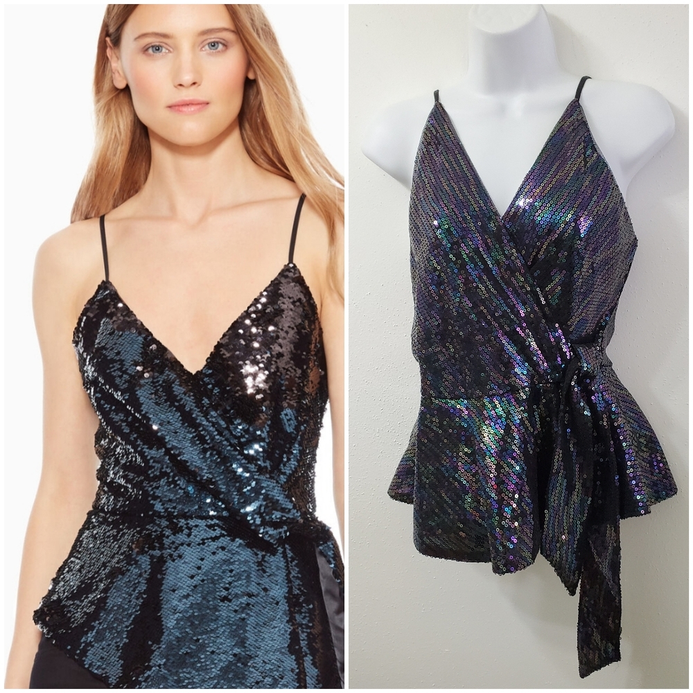 Parker Iridescent Wrap Sequin Peplum Party Top Medium NWT